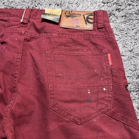 Square Zero Jeans Mens 36x33 Red Denim Distressed Biker Slim Paint Zipper Logo - Picture 7 of 16